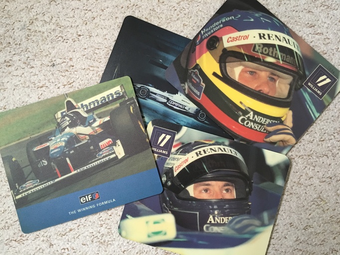 WilliamsdbF1's tweet photo. A selection of mouse mats featuring Jacques Villeneuve, Damon Hill &amp;Heinz-Harald Frentzen. #MemorabiliaMonday https://t.co/n2vGZD4AZY