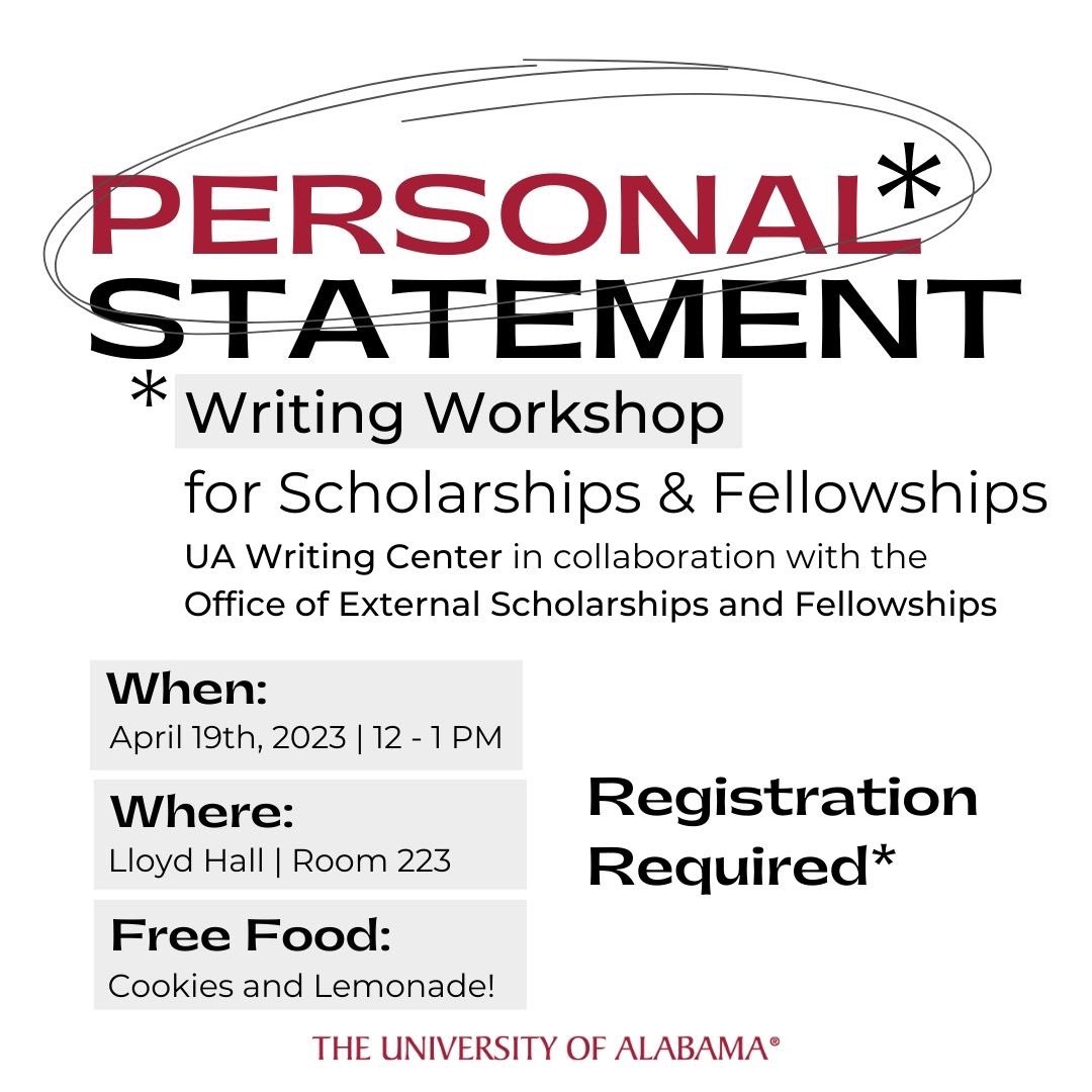 UAWritingCenter's tweet photo. Save the date! The UA Writing Center will be hosting a Personal Statement Writing Workshop in collaboration with the Office of External Scholarships and Fellowships on April 19th. Registration is required, and the link to register is in the Linktree in our bio! https://t.co/hI7gtsWO00