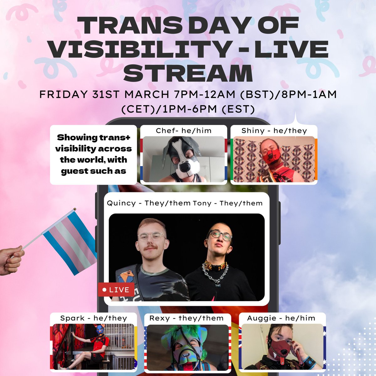 Stay tuned for our Trans Day of Visibility live stream 🏳️‍⚧️
<a href="/PuppySpark1/">Pup Spark ⚡</a>
<a href="/QuincyYoungXXX/">Quincy Young 🔜Darklands</a>
<a href="/ShinyPupper/">❤️Shiny Pupper🖤</a>
<a href="/pup_rexy_/">Rexy</a>
<a href="/tinypupchef/">Pup Chef, mr. puppy NL 23</a>
@pupauggieaus 
<a href="/TeamPuppyUK/">Team Puppy and Handler UK</a>
