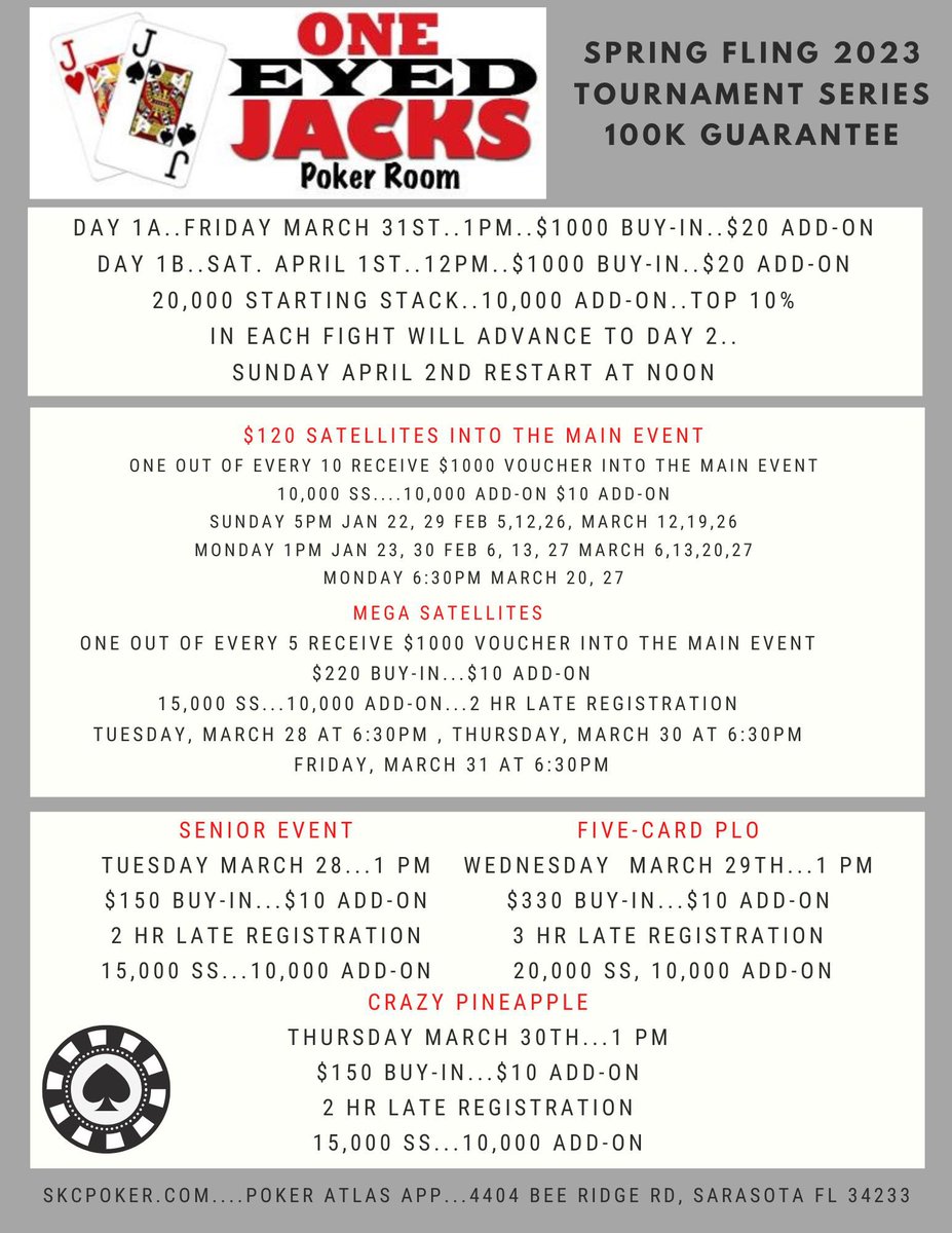 1EyedJackspoker's tweet photo. Who will be taking home these One Eyed Jacks trophies this week ?  The senior event is 3/28 at 1pm!! 5 card Plo 3/29 at 1pm, Crazy Pineapple 3/30  at 1pm, followed by our 100k guaranteed main event.  Flight 1A starts 3/31 at 1pm. Satellites are running all week. https://t.co/OasmUXedL7