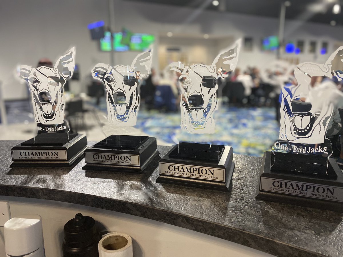 1EyedJackspoker's tweet photo. Who will be taking home these One Eyed Jacks trophies this week ?  The senior event is 3/28 at 1pm!! 5 card Plo 3/29 at 1pm, Crazy Pineapple 3/30  at 1pm, followed by our 100k guaranteed main event.  Flight 1A starts 3/31 at 1pm. Satellites are running all week. https://t.co/OasmUXedL7
