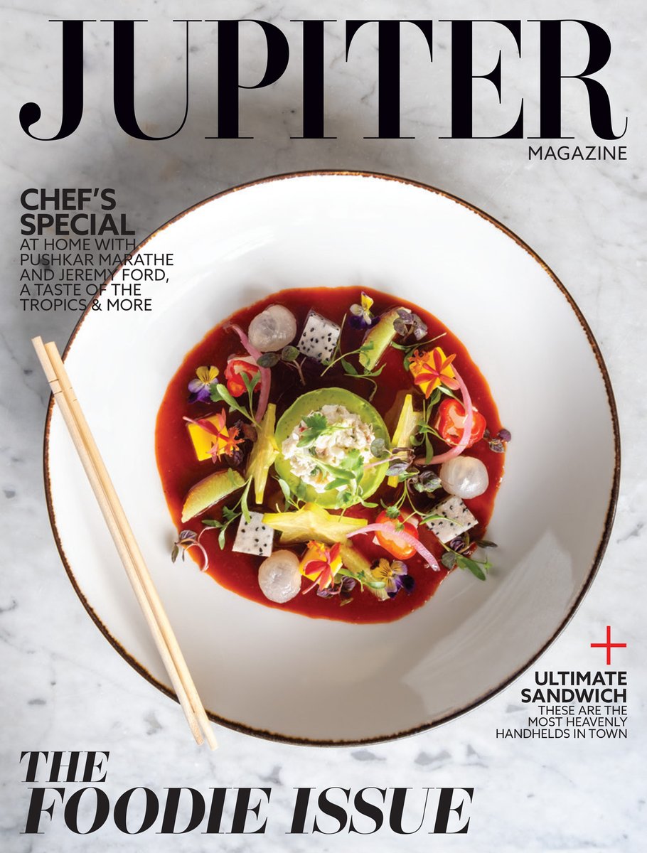 JupiterMagazine's tweet image. Feast your eyes on our annual Foodie Issue! Inside, drool over an intimate dinner hosted by esteemed local chefs and longtime friends Pushkar Marathe and Jeremy Ford.

Cover: Crab-stuffed avocado with fruit and smoked tomato ceviche sauce shot at Blackbird by Jerry Rabinowitz