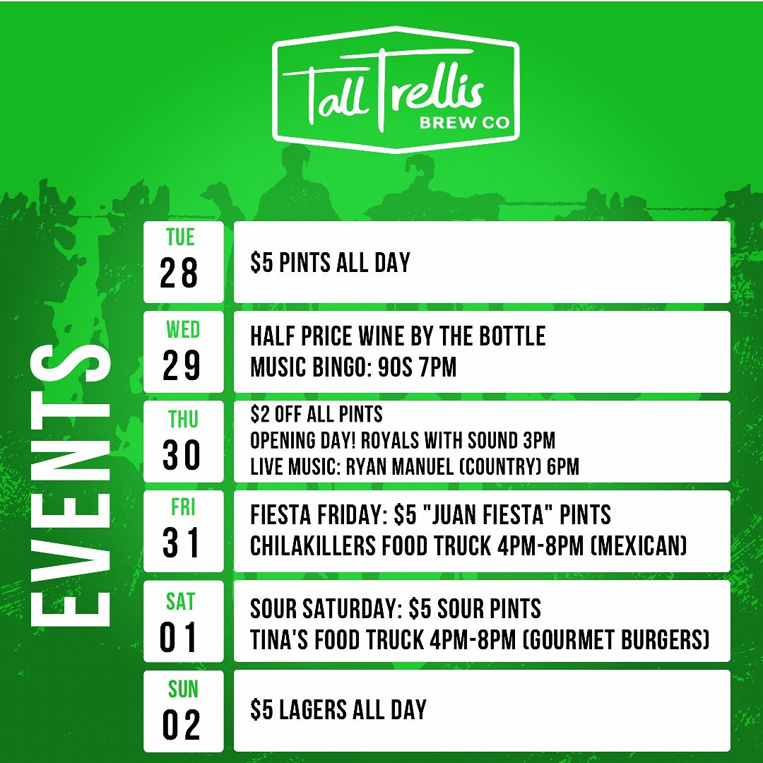 Tall Trellis Brew Co. (@talltrellis) on Twitter photo This week at <a href="/talltrellis/">Tall Trellis Brew Co.</a> 🍺☕️🎸⚾️
#talltrellis #talltrellisbrewco #lattesandlagers This week at <a href="/talltrellis/">Tall Trellis Brew Co.</a> 🍺☕️🎸⚾️
#talltrellis #talltrellisbrewco #lattesandlagers