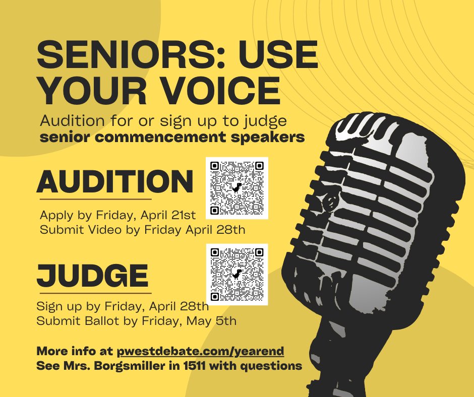 🚨ATTENTION SENIORS! 🚨

If you have something to say to your class, sign up to audition to speak at your graduation events. Anyone is eligible. Use your voice and be heard!