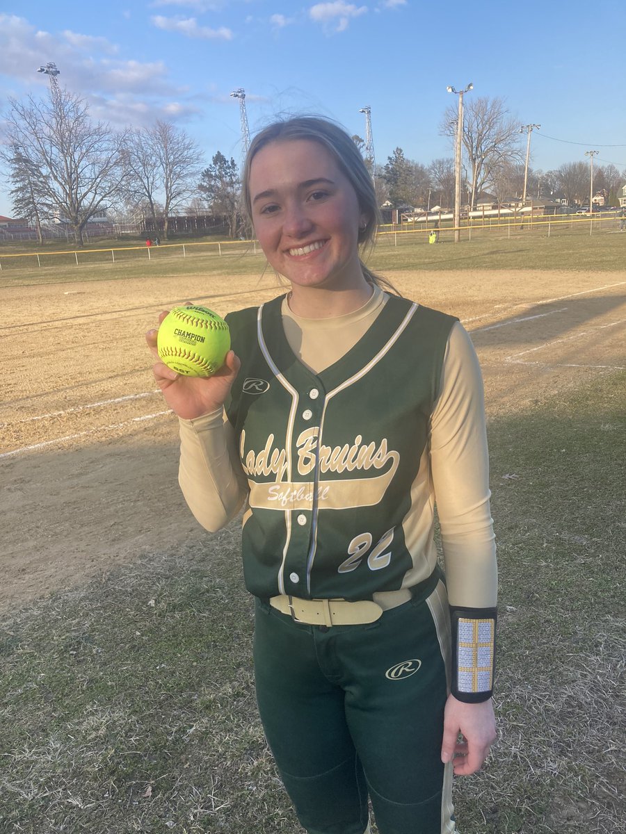 bcrsportsed's tweet photo. Hermes finishes off a five inning, no hit game. She fanned 15 and walked two! @SBAsoftball wins 15–0. Umpire Easy Ed Derix gave her the game ball. https://t.co/ca1jXE7uHL