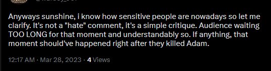 yeah no worries lets just have our first kiss immediately after killing a man and one of us is having a breakdown im sure thats so romantic