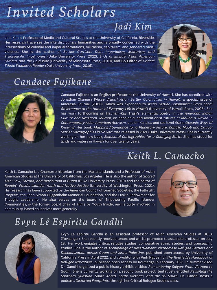 jntvu's tweet image. The Transpacific Research Cluster at @USC is excited to host a scholarly roundtable on the theme “archipelagic/s”! Join us on April 5th for some great conversation with 4 leading Transpacific Studies scholars. More details in the flyers below.

RSVP at bit.ly/archipelagics23