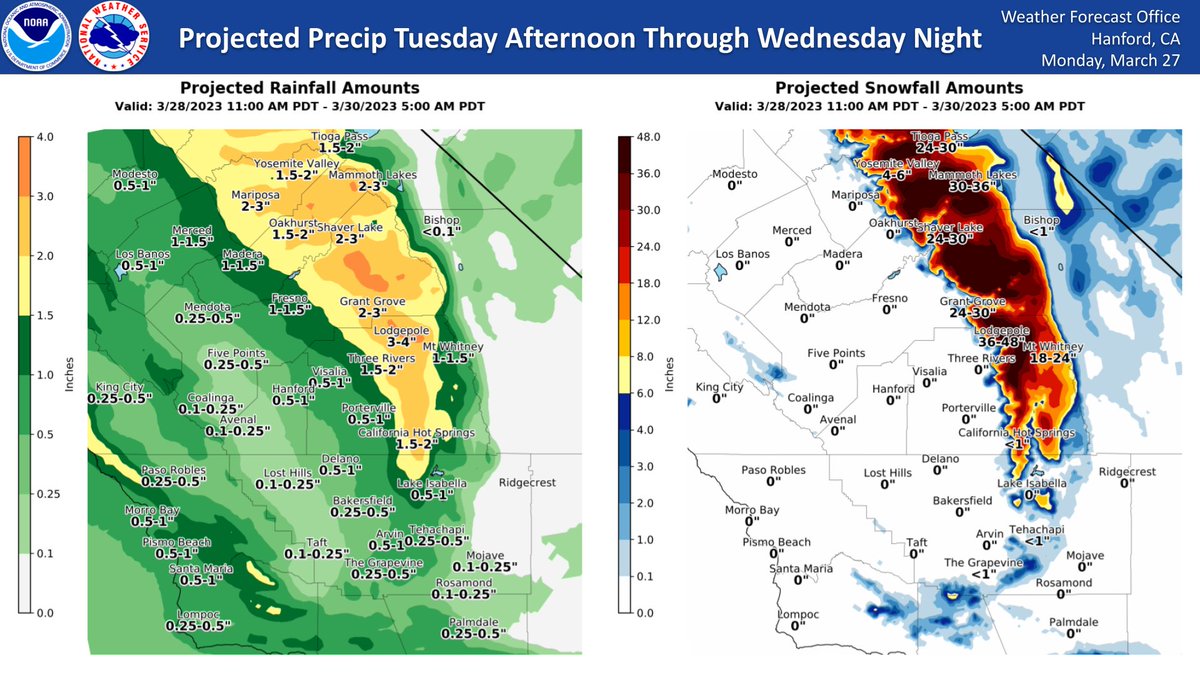 NWSHanford's tweet image. Periods of rain are likely in the San Joaquin Valley and Sierra Nevada foothills Tuesday afternoon through Wednesday night. Extreme winter storm impacts are expected in the Sierra Nevada. The majority of this precipitation will fall Tuesday evening and Tuesday night. #CAwx