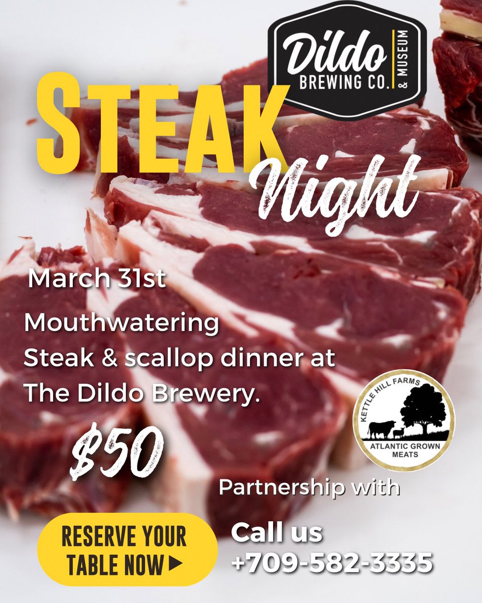 DildoBrewingCo's tweet photo. Are you ready for a night of culinary bliss? 🔥 Don't miss out on our Scrumptious steak and scallop Dinner, paired with a choice of creamy garlic mashed potatoes, crispy fries, twice-baked potato, or a fresh Caesar salad. All steaks are topped with heavenly house-made IPA butter. https://t.co/MepgWz5lh2