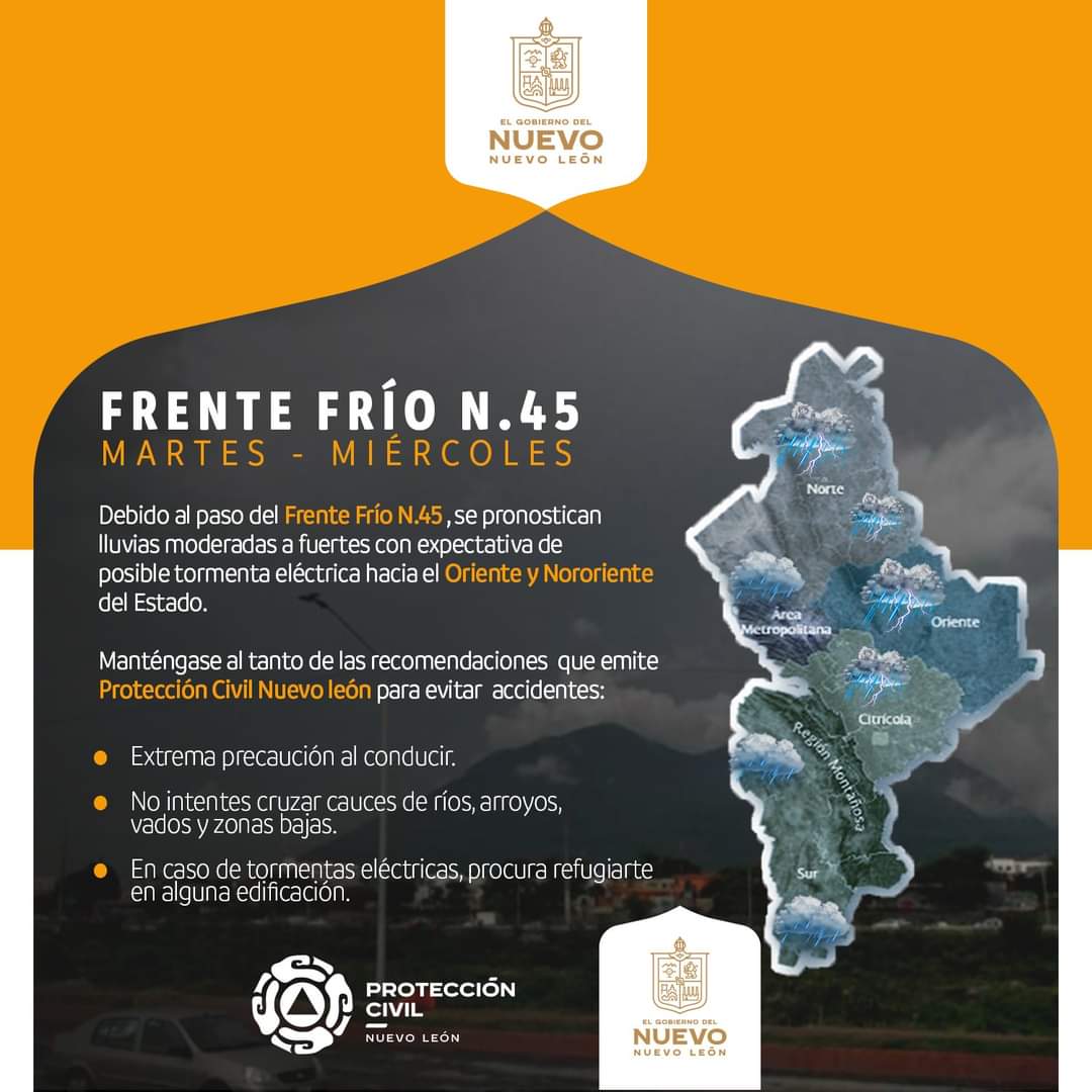 PC_NuevoLeon's tweet photo. #Atentos 🌧⚡️
Lluvias en Nuevo León

Protección Civil Nuevo León informa:

El incremento de lluvias es latente para nuestro Estado, a partir de esta noche.

El arribo del sistema frontal N° 45, provocará lluvias en Nuevo León, acompañadas de tormenta eléctrica.

⬇️ https://t.co/JMYvtd3Hz1