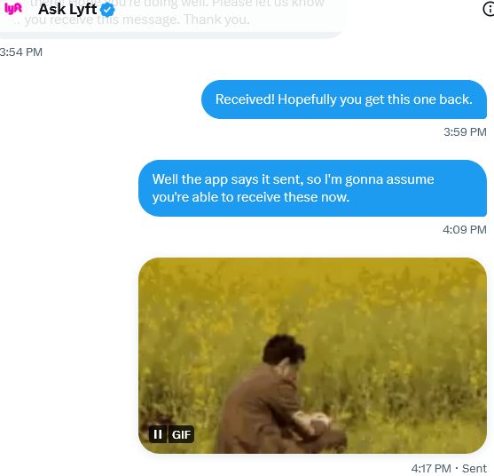 meagankn's tweet photo. @AskLyft Is this like a "I can step away from my computer for a bit" sort of conversation or is someone going to be responding to these messages? I'm fine either way but I gotta start thawing out some chicken for dinner. https://t.co/6mJz2ZBf5Y