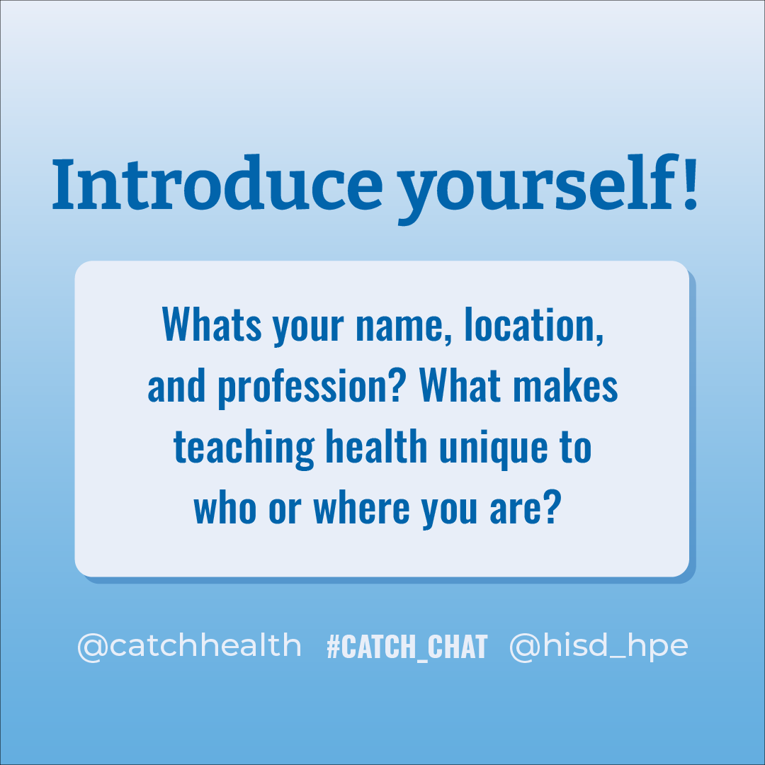 CATCHhealth's tweet photo. We are just about 5 minutes away from our Twitter Chat today with @HISD_HPE! We will be asking questions surrounding Part 2 of "When Are We Going To Teach Health?" and taking a deeper dive into what makes teaching health effective. Introduce yourself here! #CATCH_CHAT https://t.co/OZRBY8DASj