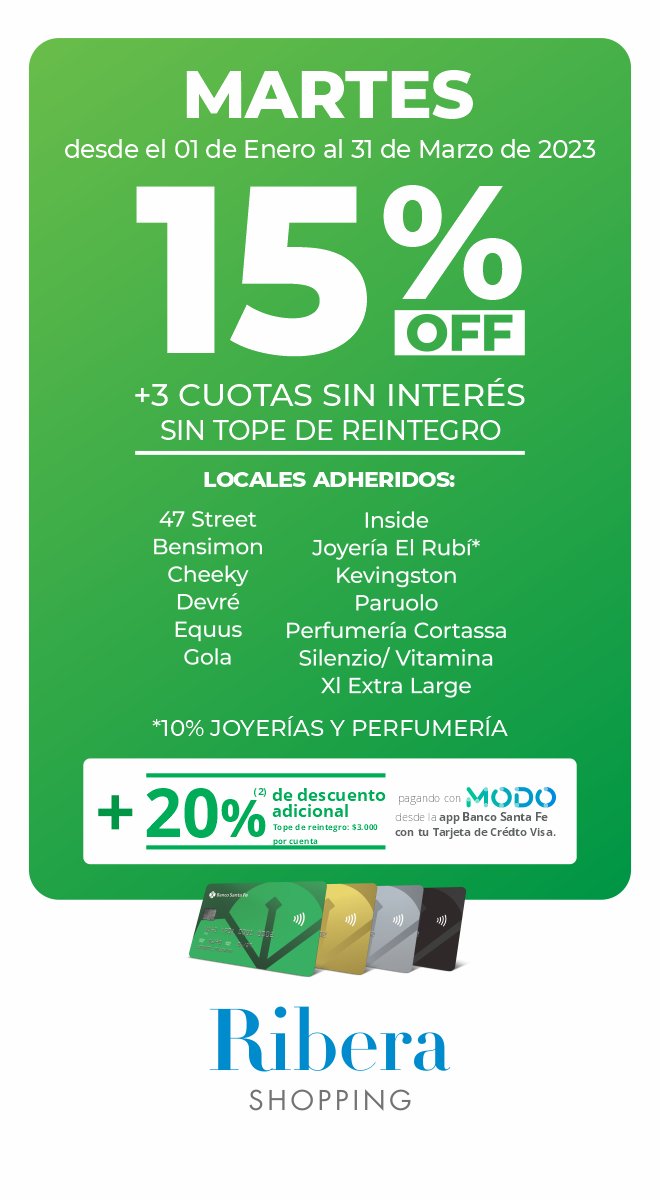 RiberaShopping's tweet photo. Buen martes con las promos del Banco de Santa Fe💯

15% Off y 3 cuotas sin interés 🥳😱 https://t.co/mvqzlFDvTb
