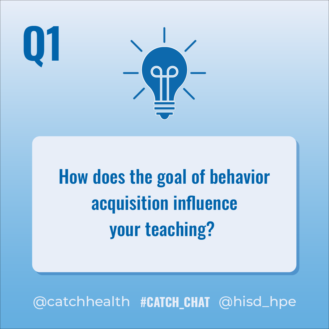 CATCHhealth's tweet photo. Q1. Health and #physed are unique subjects amongst education as the primary goal is not for knowledge acquisition but behavior acquisition. How does the goal of behavior acquisition influence your teaching? #CATCH_CHAT https://t.co/rbGnd6Nige