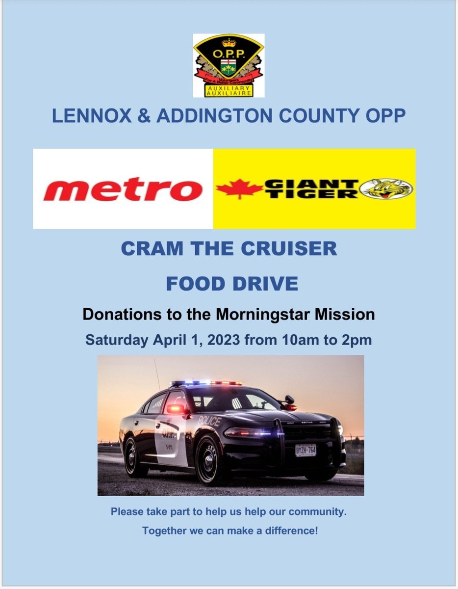 Come join #LACOPP and #OPPAuxiliary at #Metro and #GiantTiger Napanee this Saturday as we support the Morningstar Mission food bank!!  We'll be on scene from 10am - 2pm!  ^sm