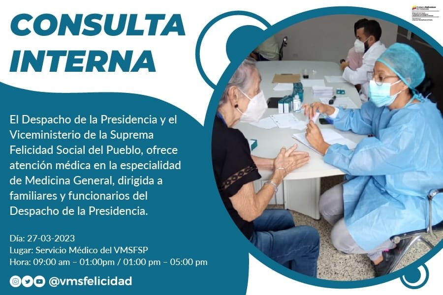 Hoy, atención médica en la especialidad de medicina general, dirigida a familiares y funcionarios del #Dpresidencia y entes adscritos. 
 #NiCorrupciónNiGuarimbas
<a href="/pestana_jl/">José Pestana</a> <a href="/NicolasMaduro/">Nicolás Maduro</a> <a href="/MNegraHipolita/">Misión Negra Hipólita</a> <a href="/Idennadc/">IDENNA DISTRITO CAPITAL</a> <a href="/FNNSimon/">Fund. El Niño Simón</a>  <a href="/salainass/">INASS</a>