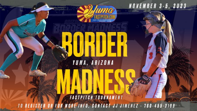 2023 Border Madness Fastpitch Tournament. Nov. 3-5, 2023 in Yuma, AZ. Reg. opens April 1st. Visit Softball Exposure Events. Shilo Inn & Quechan Casino will be the choice hotels for our 2023 events. for more info, please text 1-760-455-3109 or email: yumafastpitch@gmail.com