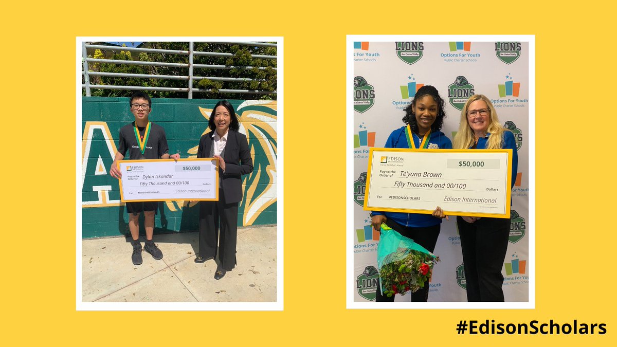 SCE (@sce) on Twitter photo Today, Heather Rivard and <a href="/CarolineChoi/">Caroline Choi</a> from @EdisonIntl surprised Te'yana Brown and Dylan Iskander, two recipients of this year's #EdisonScholars program! Each student will receive a $50k scholarship toward their #STEM education. Congratulations! 👏 on.edison.com/3ngcLek Today, Heather Rivard and <a href="/CarolineChoi/">Caroline Choi</a> from @EdisonIntl surprised Te'yana Brown and Dylan Iskander, two recipients of this year's #EdisonScholars program! Each student will receive a $50k scholarship toward their #STEM education. Congratulations! 👏 on.edison.com/3ngcLek