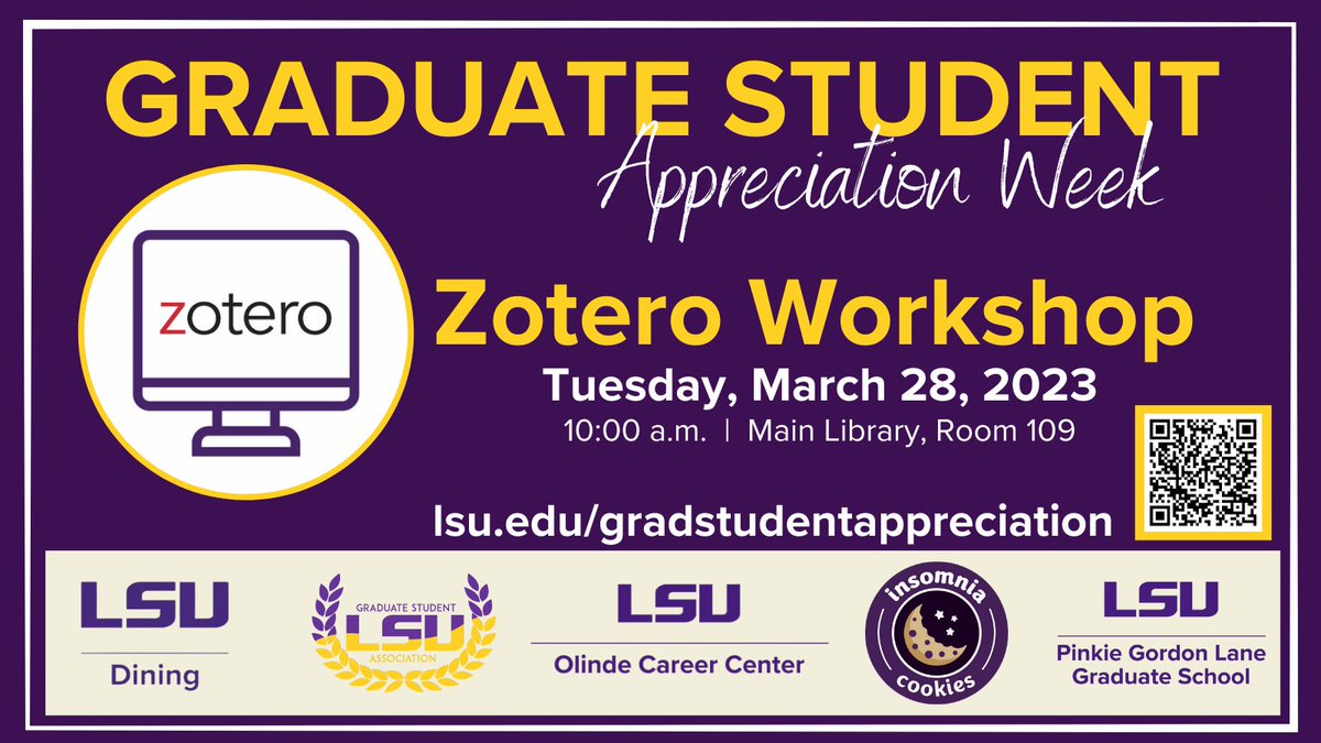 Learn how Zotero can help you with your research. Come to room 109 of the Main Library tomorrow at 10:00 a.m. #LSUGradStudentAppreciation Check out the remaining activities: lsu.edu/gradstudentapp…