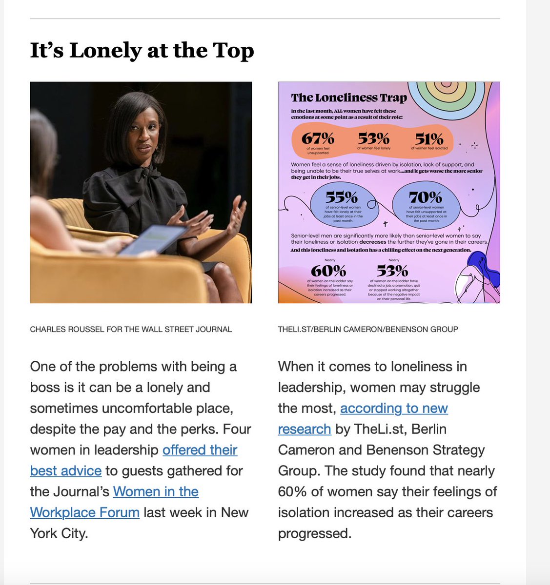 Today <a href="/WSJ/">The Wall Street Journal</a> picked up our research about Loneliness and Women in Leadership. We have to build the support women need to rise! Thank you @tarrantgretchen! 📈<a href="/BerlinCameron/">Berlin Cameron</a> @BenensonStrGrp