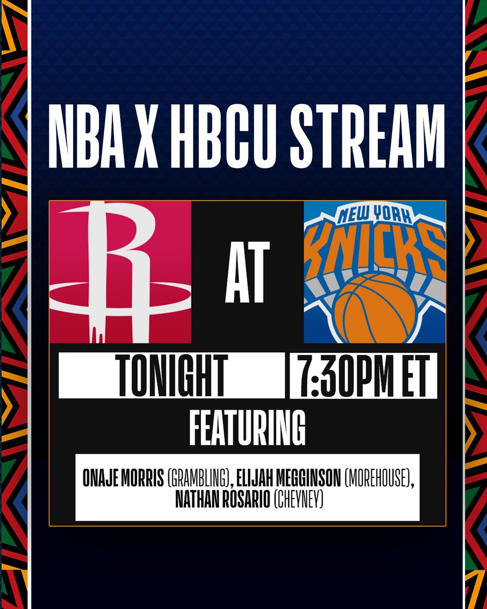 NBA (@nba) on Twitter photo Tune in for a special broadcast of Rockets/Knicks as students from <a href="/Grambling1901/">Grambling State Univ</a>, <a href="/Morehouse/">Morehouse College</a> and <a href="/CheyneyUniv/">Cheyney University</a> take the mic for the #NBAxHBCUStream, now on the NBA App!
➡️ app.link.nba.com/rockets-knicks… Tune in for a special broadcast of Rockets/Knicks as students from <a href="/Grambling1901/">Grambling State Univ</a>, <a href="/Morehouse/">Morehouse College</a> and <a href="/CheyneyUniv/">Cheyney University</a> take the mic for the #NBAxHBCUStream, now on the NBA App!
➡️ app.link.nba.com/rockets-knicks…