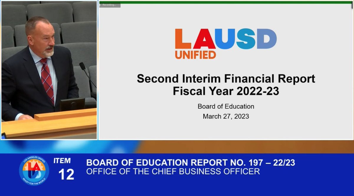 LASchools's tweet photo. Thank you to our Chief Business Officer David Hart and his team for presenting the second interim financial report for fiscal year 2022-23, which was approved by the Board of Education. https://t.co/xSOdL5lVos