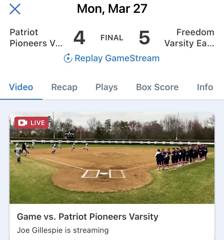 Softball beats Patriot on a walk off hit by Abbey Gillespie😎