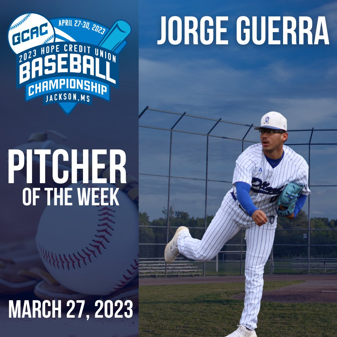 Congratulations to <a href="/BleuDevilBSB/">Dillard University Baseball</a> Baseball Player Jorge Guerra on earning the GCAC Baseball Pitcher of the Week honors!

In two conference matchups against Tougaloo, Guerra recorded 11 strikeouts in his 10 innings pitched.

Congratulations!

#OneGCAC #baseball #pitcher