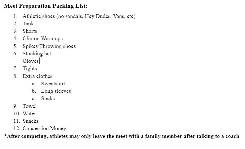 First away meet tomorrow at NS! Please pack your bag tonight. 
Out of class at 1:45pm
Wheels up at 2:05pm