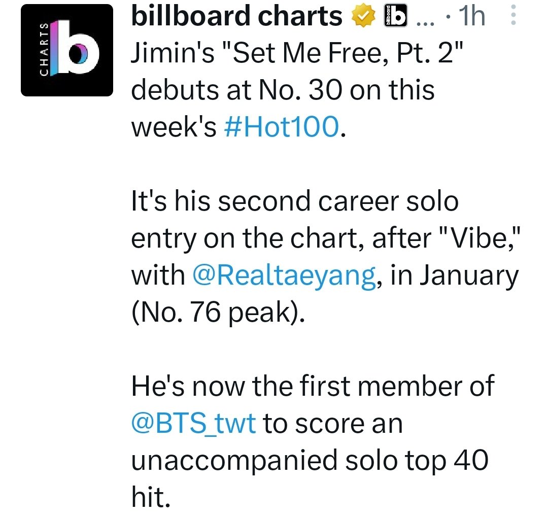 BeautifulSoulB7's tweet photo. 🇺🇸빌보드 공식

#지민 이의  Set Me Free Pt.2 
빌보드핫100 차트 3️⃣0️⃣ 위
데뷔🐥🎊 !!!

지난 1월 Vibe (76위)에 이어
#Jimin 의 2번째 솔로 차트인이며
@BTS_twt 멤버 중 피처링 없이
단독곡으로 Top40 차트인한 최초의 멤버! >

축하합니다🥳🎉.
자아! #Jimin_FACE 타이틀곡 #LikeCrazy 스밍 뮤스🔥 https://t.co/GaCUVI6y0f