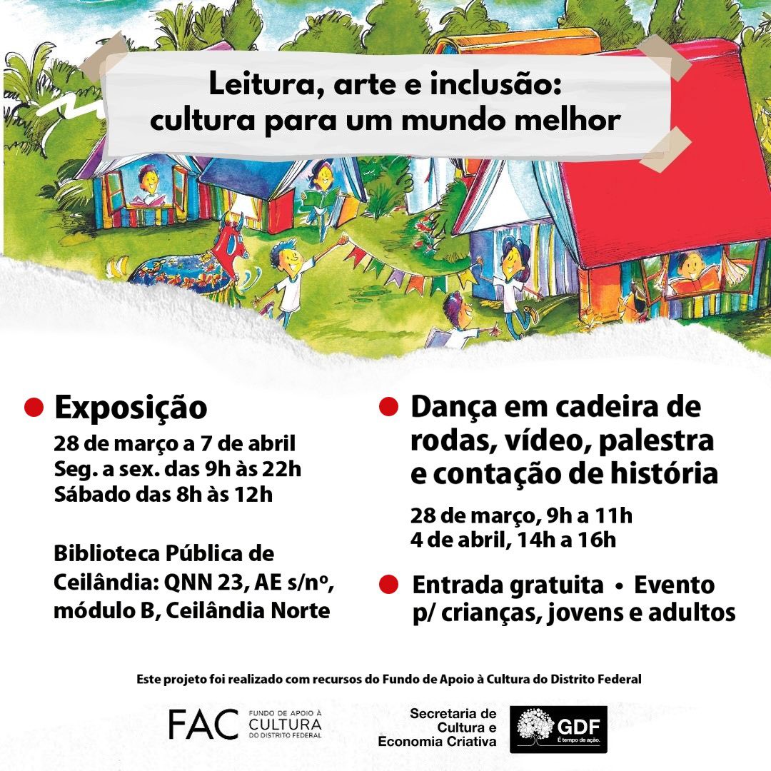 🚨 Você é do DF? 🚨
Então olha só a dica de lazer e cultura gratuito pra vocês!
A partir de amanhã, 28/03 a 07/04, na Biblioteca Pública de Ceilândia aconteceram VÁRIAS atividades inclusivas e acessíveis de verdade PARA TODAS AS IDADES!
Bora aproveitar?!