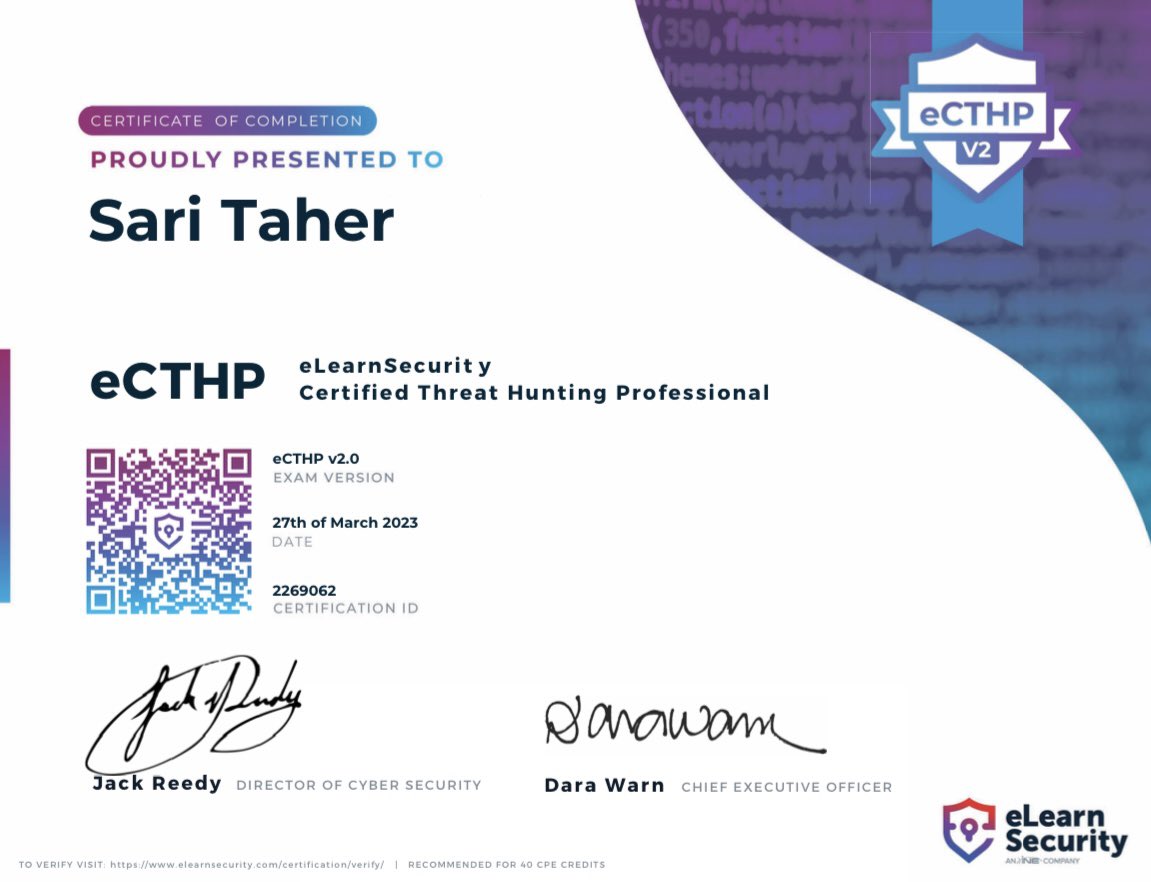 officialsarii's tweet image. يسعدني مشارتكم حصولي على شهادة 

Threat Hunting Professional 
(#eCTHPv2 ) 

المقدمة من @eLearnSecurity.

الحمدلله دائماً وابدا🙏🏻.