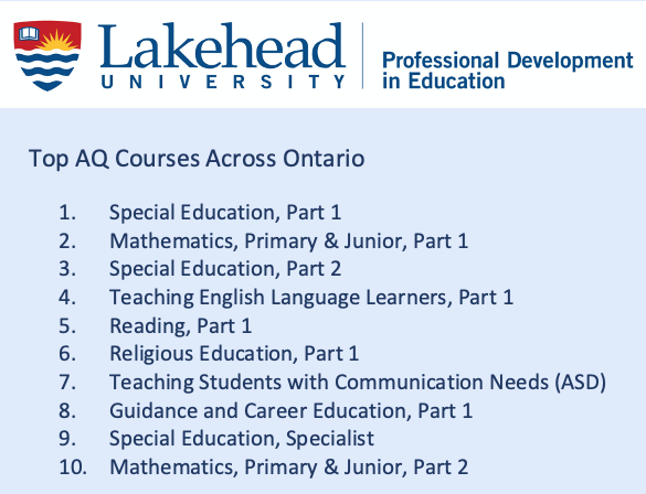 LakeheadPDE's tweet photo. At Lakehead, you can find all of the top 10 AQs taken by Ontario teachers each year. https://t.co/N02rjttgUT