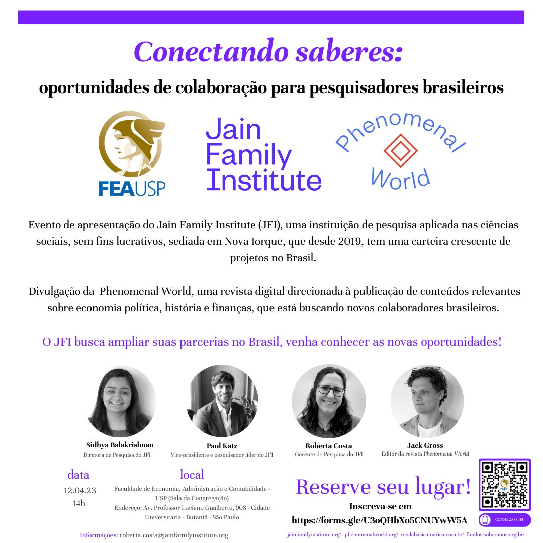 paulryankatz's tweet photo. O Jain Family Institute (JFI), instituição sem fins lucrativos, sediada em Nova Iorque, busca ampliar suas parcerias no Brasil, venha conhecer as novas oportunidades!

O JFI fará uma apresentação presencial na FEA USP no 12/04/23.

Inscrições: https://t.co/NvXUzkOjVJ https://t.co/2a83AmwKVN