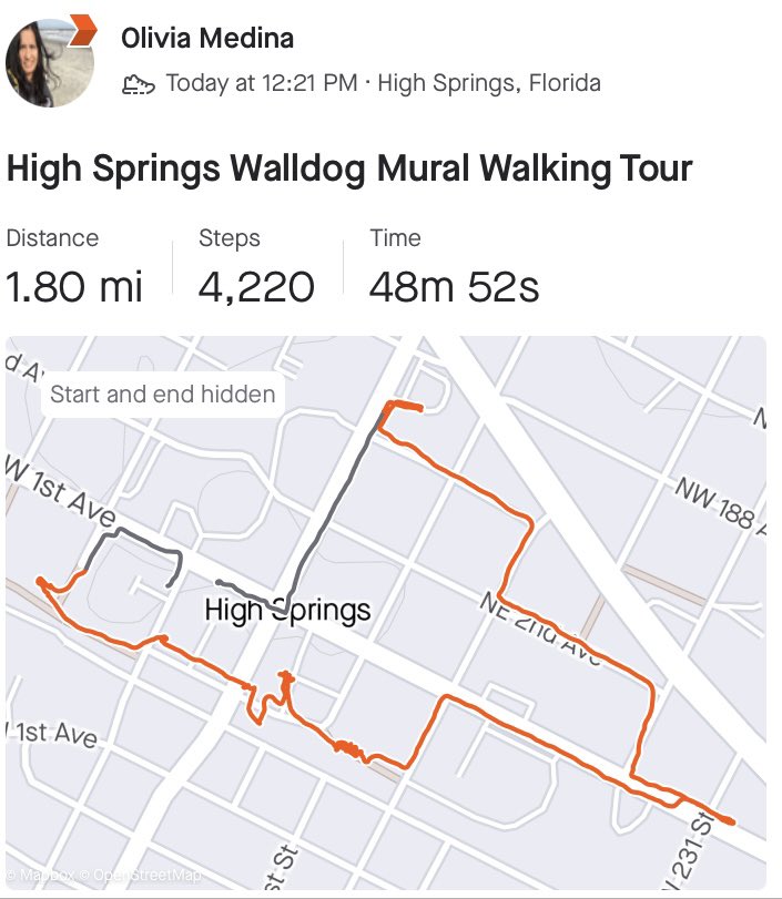 tessellatedrat's tweet photo. Completed a walking tour of the new High Springs Walldog murals. The distance was under two miles and it took over 45 minutes as I stopped to chat with an artist and other passersby. The route started at the original Scuba diving mural and ended at the Timucuan mural. #walldogs https://t.co/XdG30ZsPja