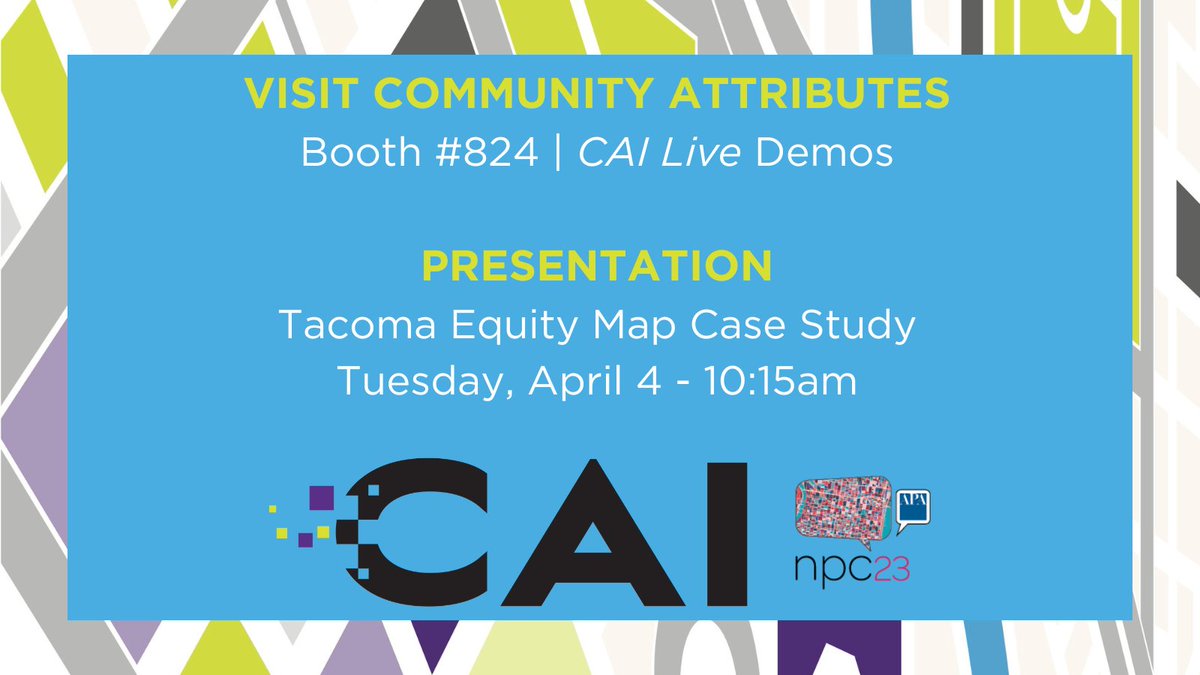 Community Attributes (@communitybutes) on Twitter photo We’re headed to #NPC23 with <a href="/APA_Planning/">American Planning Association</a>!
Experience our dynamic data storytelling platform CAI Live (Booth 824) and explore equity maps as a tool for decision-making at our session April 4th.
DM us for more info #EconomicDevelopment #CommunityDevelopment #UrbanPlanning We’re headed to #NPC23 with <a href="/APA_Planning/">American Planning Association</a>!
Experience our dynamic data storytelling platform CAI Live (Booth 824) and explore equity maps as a tool for decision-making at our session April 4th.
DM us for more info #EconomicDevelopment #CommunityDevelopment #UrbanPlanning