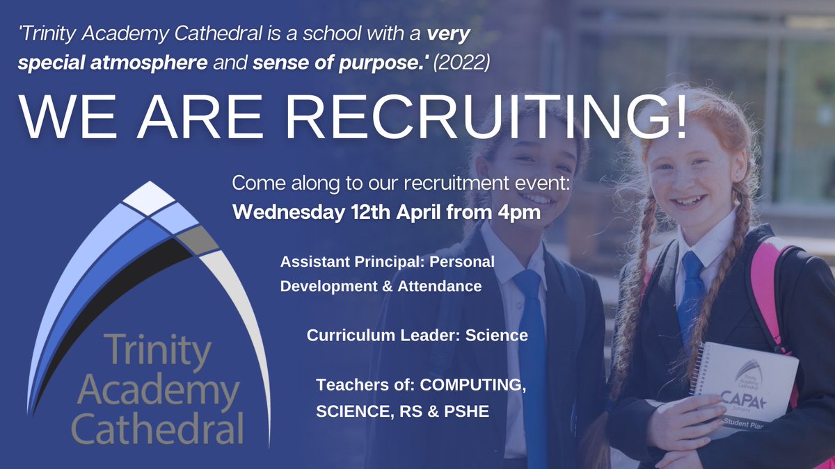 Want to know more? Come along to our recruitment event on 12th April, or reach out to our new Principal @MissGillinder for a confidential chat.

https://t.co/9hnG4J4zTr