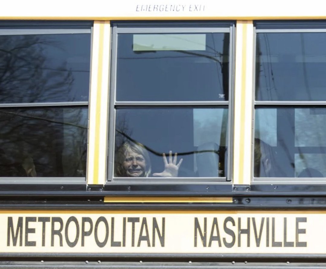 FordJohnathan5's tweet photo. After a school shooting leaving 6 dead a child was spotted crying inside a school bus in Nashville. This child deserves fucking better. @shannonrwatts https://t.co/lDCdHx67Z1