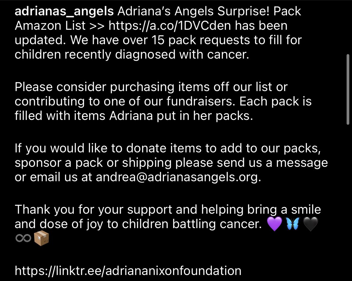 _AdrianaStrong's tweet photo. Adriana’s Angels Surprise! Pack Amazon List >> https://t.co/nu2I0yjpwz has been updated.  

We have over 15 pack requests to fill for children recently diagnosed with cancer.  

Please help us fill our packs! 💜🦋🖤📦♾ https://t.co/GVWXbEGadV