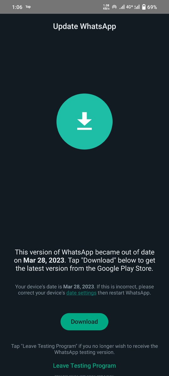 HNScB46's tweet photo. So WhatsApp neither gives me an update nor let me use it. Has anyone have been facing this problem too??(Btw I'm a beta tester) @WhatsApp @wa_status @whatsappbiz #whatsappdown https://t.co/6fVBOEYvgS
