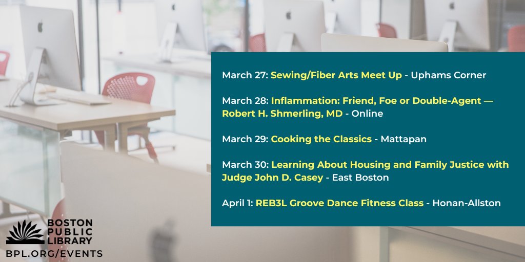 BPLBoston's tweet photo. What's going on this week at the BPL? Swipe and see which events are happening at a location near you!

Visit https://t.co/4qB888fqxk for information on all BPL events 🔗 https://t.co/36OT9DnMqJ