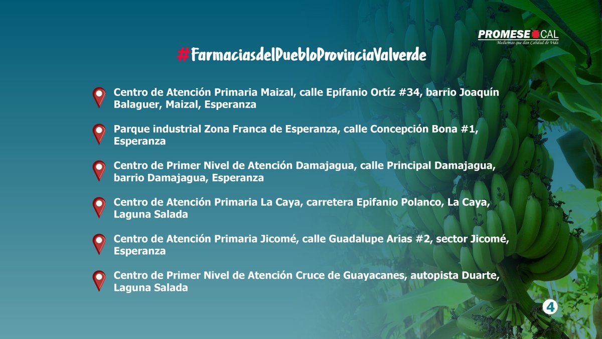 PromesecalRD's tweet photo. ¡Estamos en #Valderde!
Conoce las ubicaciones de las #FarmaciasDelPueblo en esta provincia 📌https://t.co/bNIe0sWuqa
#PROMESECAL 👉🏻acceso oportuno a #MedicamentosEsenciales de #Calidad a bajo costo para todo el pueblo dominicano 🇩🇴 https://t.co/APN1lcZ5ab