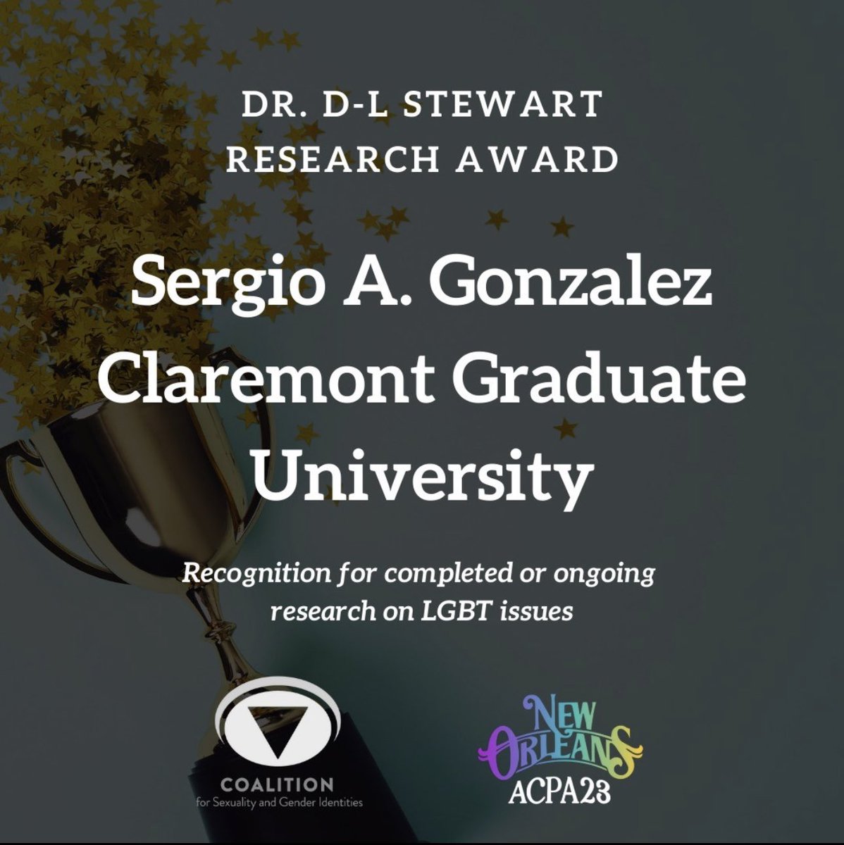 SerxioGonzalez's tweet photo. Mil gracias to @ACPA_CSGI for the honor of receiving the Dr. D-L Stewart Research Award! Iโm there in spirit w/folx & feel so grateful in my little joto ๐. S/O to the 2023 CSGI Award recipients! We did it yโall!๐ณ๏ธโ๐
#ACPA23 #CSGI #QueerHigherEd #BoldlyQueering #BoldlyTransforming https://t.co/5Ktl6rTUjL