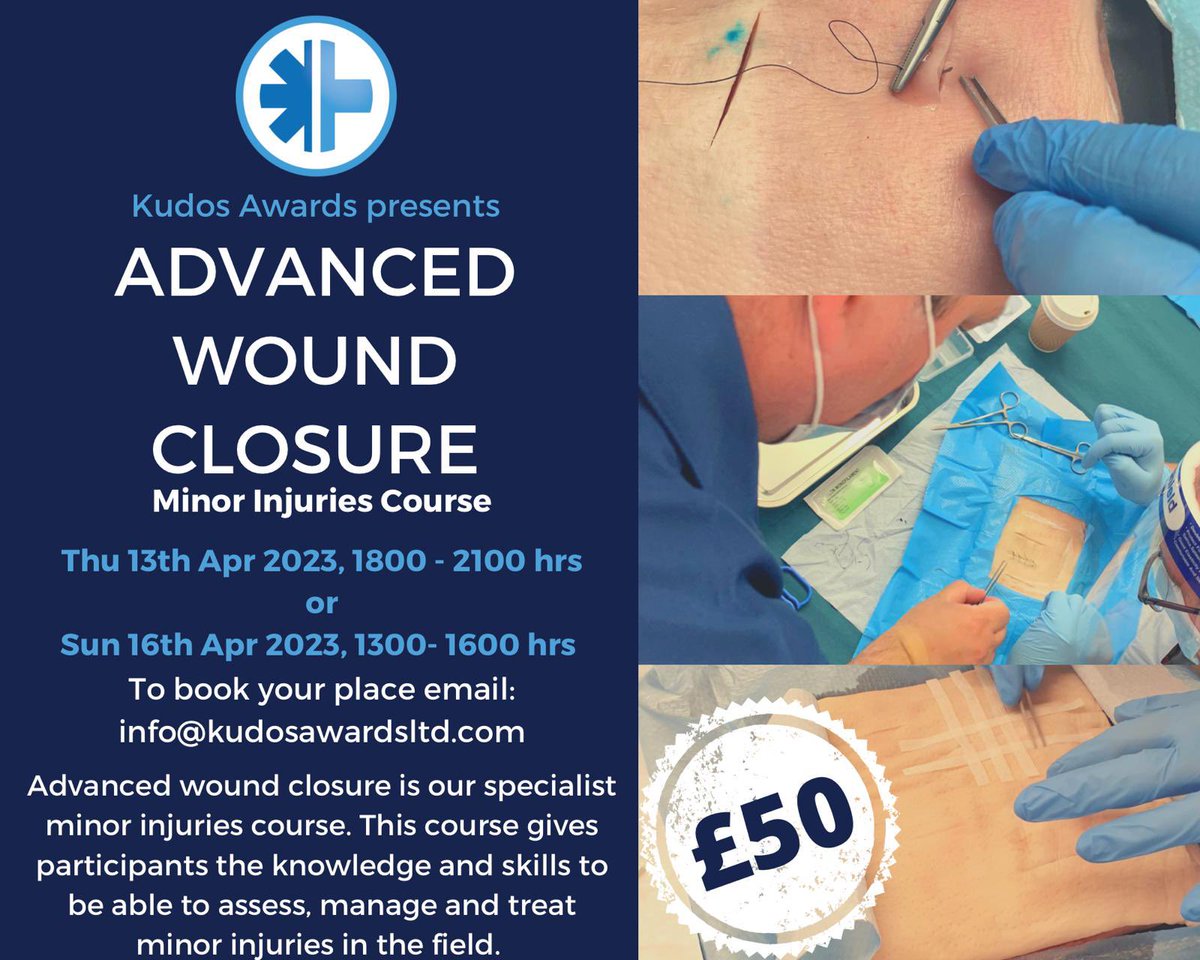 AwardsKudos's tweet photo. Kudos Awards Presents our Advanced Clinical Skills Minor Injury Course. Learn the skills necessary to close a variety of wounds. This course is designed to meet the needs of any prehospital clinician. Using real skin tissue, no plastic or foam pads. https://t.co/dr6brrsE6e