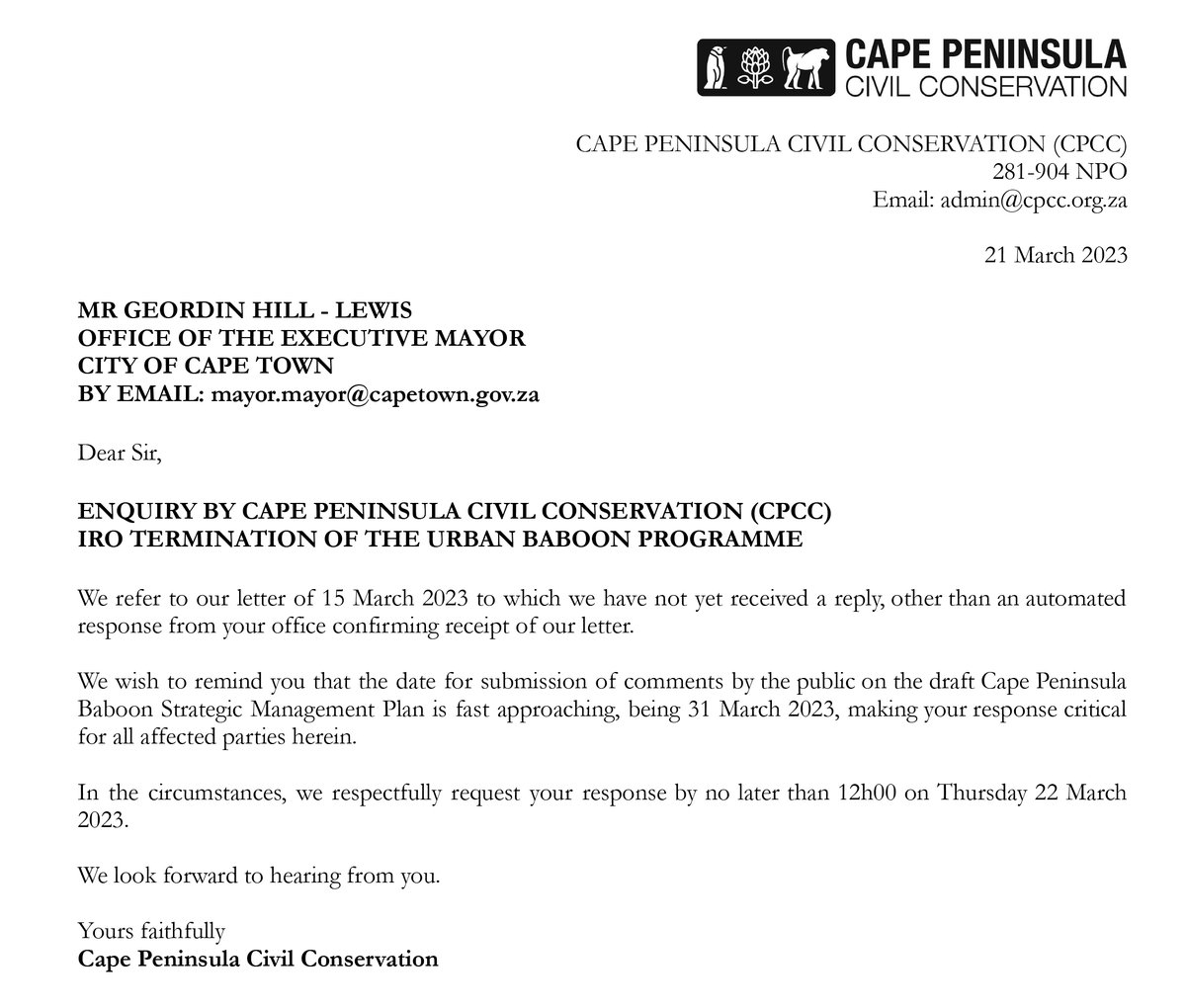 cpcc_za's tweet photo. Second and third letters sent to Mayor of Cape Town, Geordin Hill-Lewis @geordinhl 21st March, 27th March 2023
Acknowledged received with no responses to date. 
The public needs answers.
#MinutesOfMeeting
#PublicEngagement
#DueProcess
#Transparency
#BaboonRangers
#DutyOfCare https://t.co/yihbwbsfew
