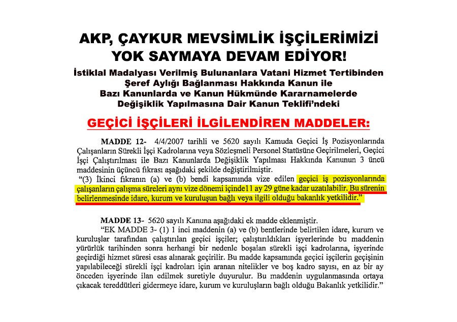 📌AKP iktidarı, ÇAYKUR mevsimlik işçilerimizi yok saymaya devam ediyor! 

📌TBMM’ye getirdikleri teklifte geçici işçilerin çalışma sürelerinin 11 ay 29 güne uzatılabileceği ve yetkinin idare veya ilgili Bakanlığa bırakıldığı yazıyor! 

📌Bu düzenleme ÇAYKUR işçilerimize kadro