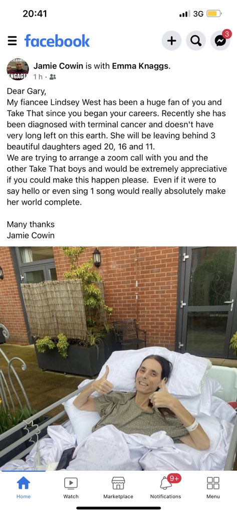 <a href="/GaryBarlow/">Gary Barlow</a> <a href="/OfficialMarkO/">Mark Owen</a> <a href="/HowardDonald/">Howard Donald</a> <a href="/takethat/">Take That</a> really hope u see this campaign for a special lady that has terminal cancer. Please get in touch to help bring some light during these dark times. #PleaseRT 💔