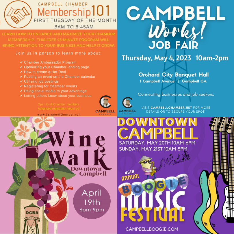 Chamber Enews for the Week of March 27th through March 31st, 2023

There's a Lot Happening in Campbell! 

Membership 101 NEXT Tuesday
Blood Drive THIS Saturday
Plus...
Job Fair, Boogie Music 🎸 Festival, Taste of Campbell, Comedy 🤣 Night, Wine 🍷 Walk, E
conta.cc/3Zkwjva