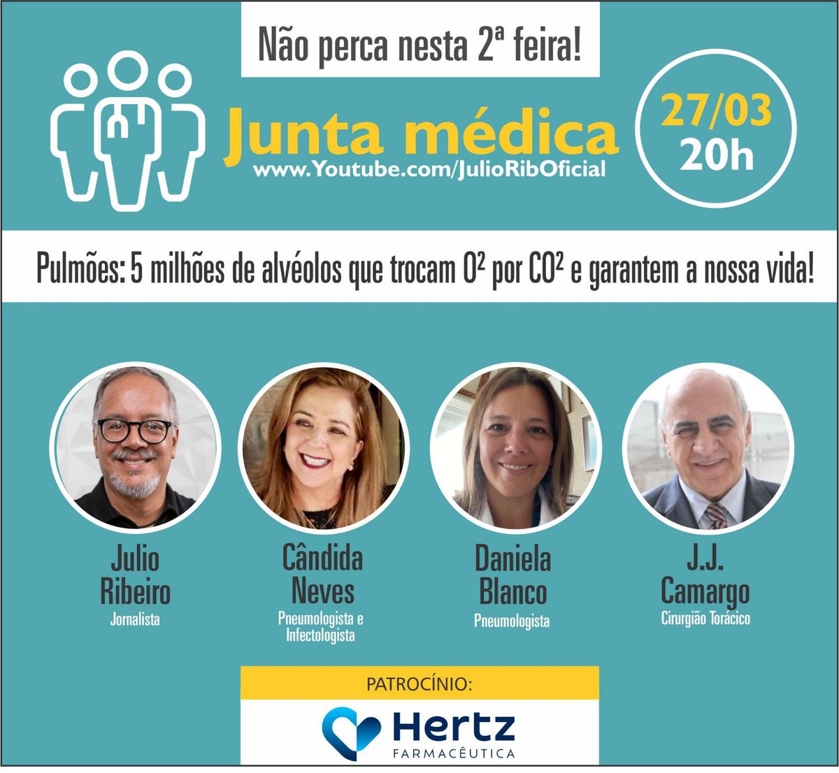 Logo mais, às 20h, teremos mais uma edição do programa JUNTA MÉDICA, para que você conheça mais do seu corpo. Conhecimento é fundamental para que a gente viva mais e melhor. O tema desta segunda-feira, dia 27, será PULMÕES. Esperamos vocês! youtube.com/watch?v=4BcDTC…