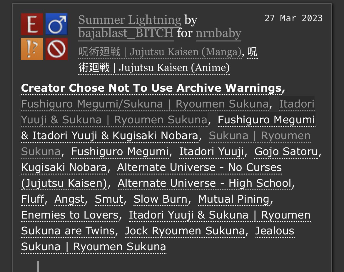 baja_heaux's tweet photo. #skfs #sukufushi

My self-indulgent fic with jock Sukuna and nerd Megumi BECAUSE I AM OBSESSED WITH CLICHES 

https://t.co/HlRzFyIZZ7 https://t.co/nS7YFj92jZ